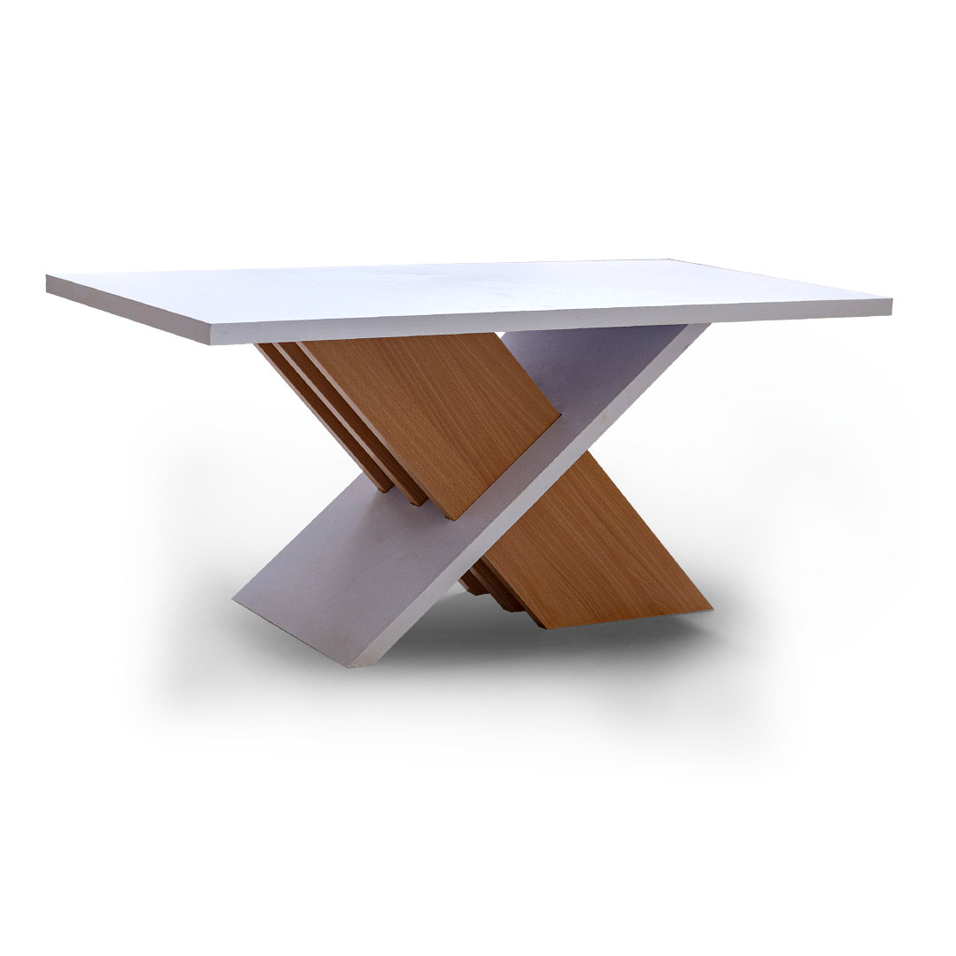 Modern Sculptural Coffee Table – White Top with Wooden Cross Base