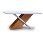 Modern Sculptural Coffee Table – White Top with Wooden Cross Base