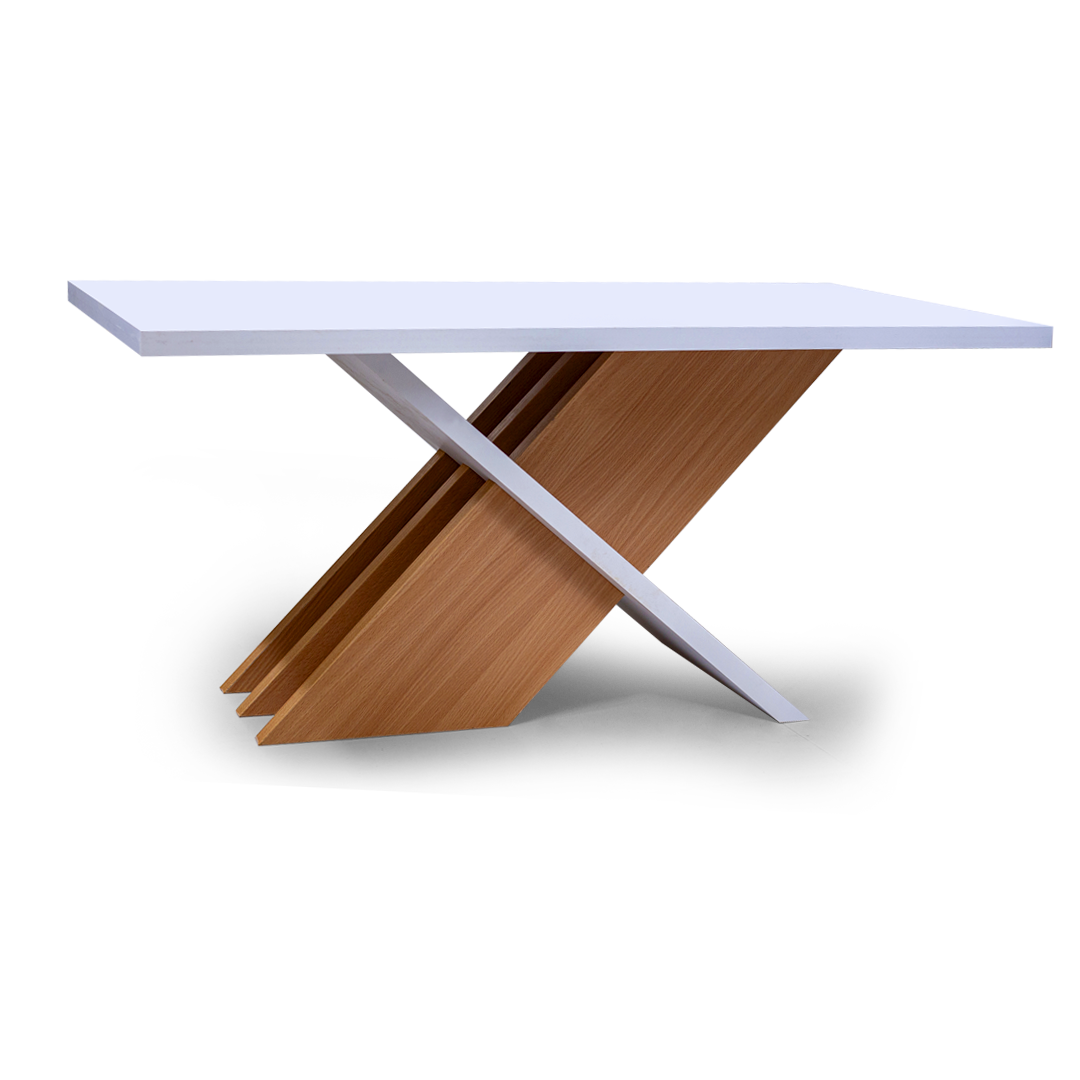Modern Sculptural Coffee Table – White Top with Wooden Cross Base