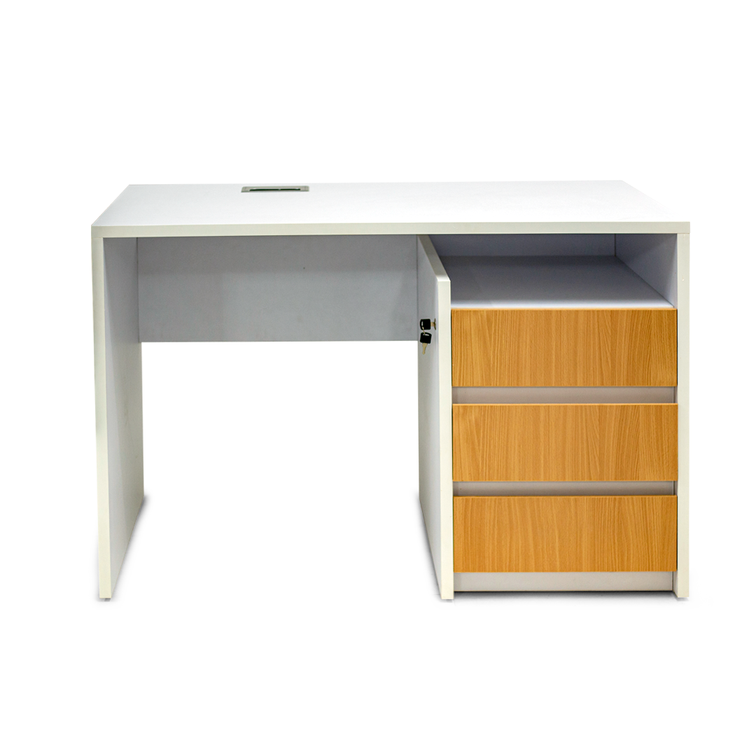 Modern Office Desk with Locking Cabinet & Drawers – White & Natural Wood