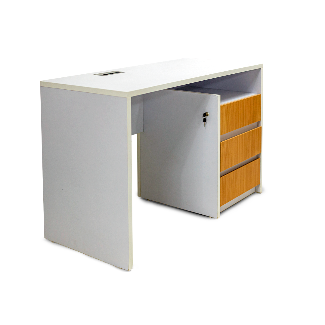 Modern Office Desk with Locking Cabinet & Drawers – White & Natural Wood