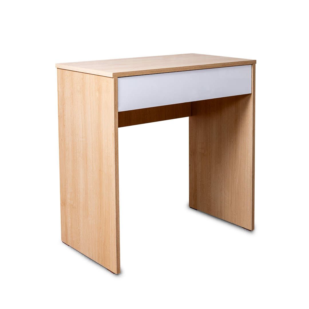 Minimalist Writing Desk with Single Drawer – Light Wood & White
