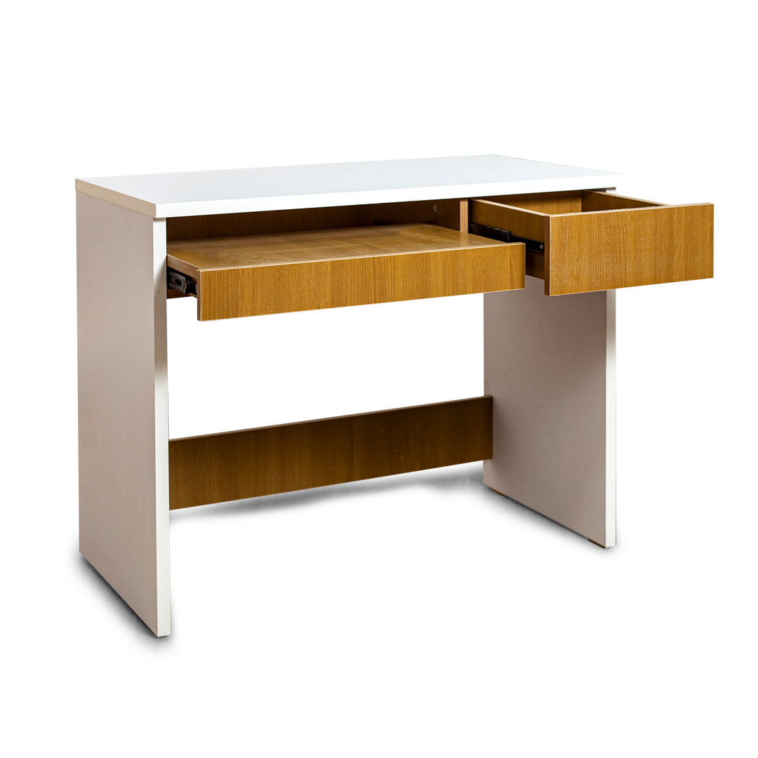 Modern Writing Desk with Dual Drawers – White & Walnut Finish