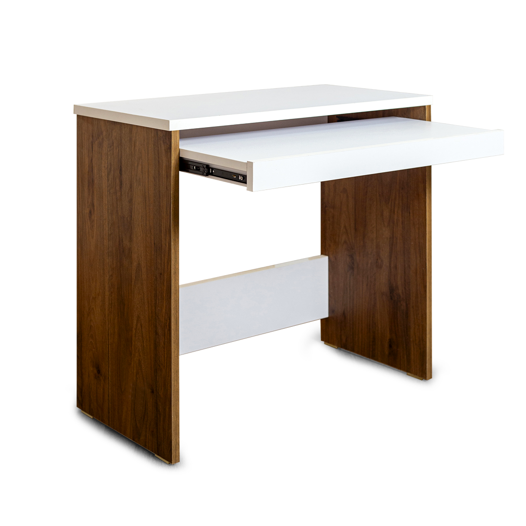 Modern Console Desk – White Top with Walnut Panels